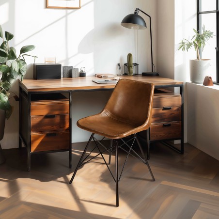 Set of 2 brown leather chairs with steel legs