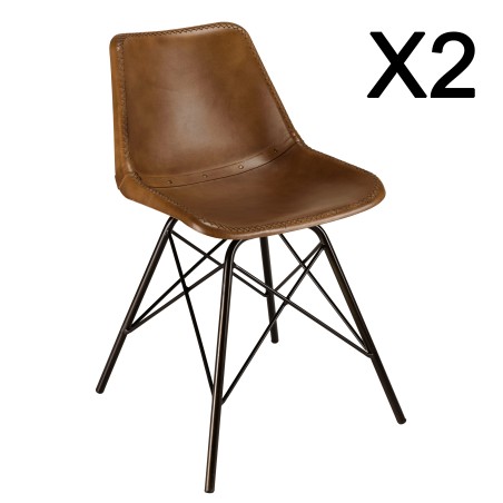 Lot de 2 chaises en cuir marron et pieds acier