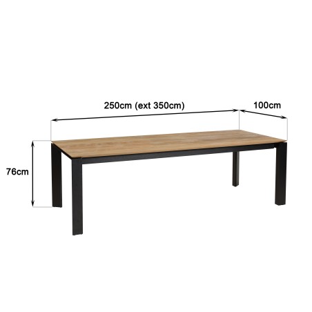 Table à manger ext. 250/350x100cm teck recyclé pieds métal