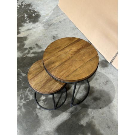 SECOND HAND - Set of 3 Round Brown Side Tables - Recycled Teak Acacia Mahogany Black Metal Legs SIXTINE