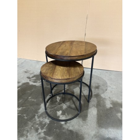 SECOND HAND - Set of 3 Round Brown Side Tables - Recycled Teak Acacia Mahogany Black Metal Legs SIXTINE