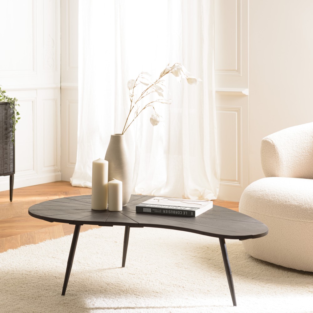 SECONDE MAIN - Table basse plateau texturé noir mat pieds en fer noir