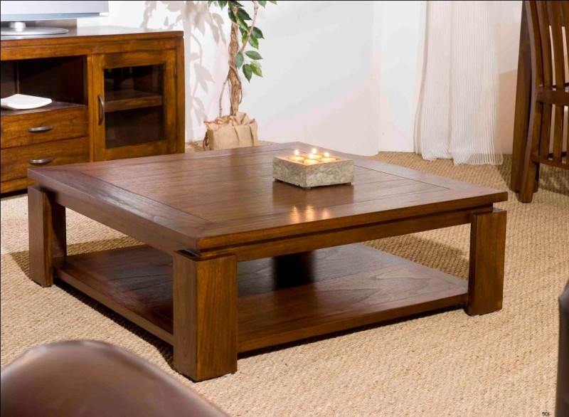 SECOND HAND - Square brown coffee table with shelf, 90x90cm, Mindi wood