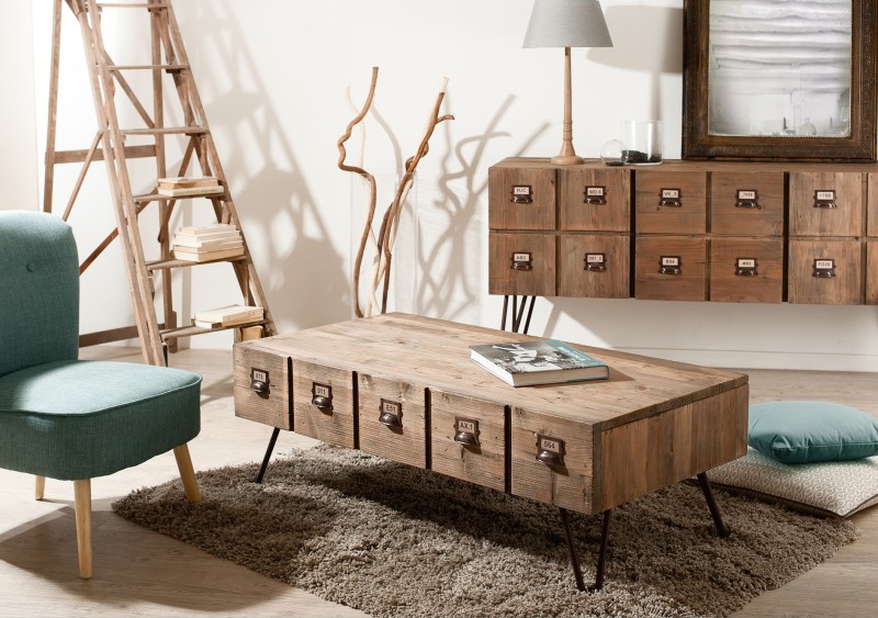 SECONDE MAIN - Table basse en pin et métal bois 1 tiroir
