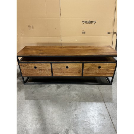 SIXTINE Brown TV Stand with 3 Drawers - Recycled Teak & Metal | 150x40x55 cm