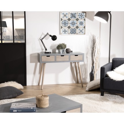 SECONDE MAIN - Console grise 3 tiroirs beiges bois Pin