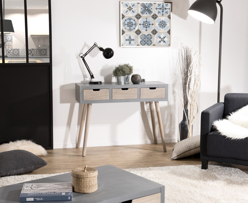 SECONDE MAIN - Console grise 3 tiroirs beiges bois Pin