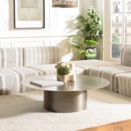 SECONDE MAIN - Table basse ronde 120x120cm en fer noir et bordure dorée