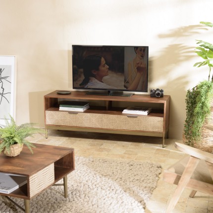 SECONDE MAIN - Meuble TV en bois de manguier 2 niches 2 tiroirs