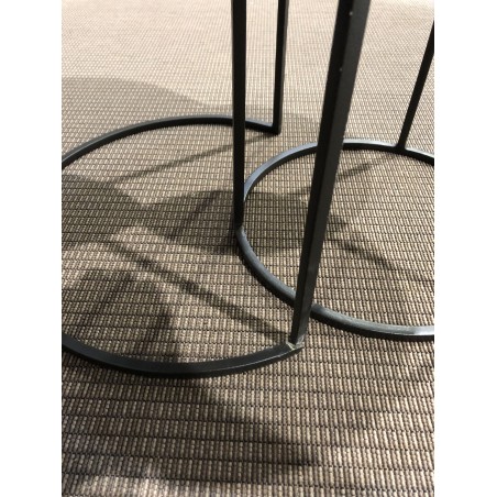 SECOND HAND - Set of 3 Round Brown Side Tables - Recycled Teak Acacia Mahogany Black Metal Legs SIXTINE
