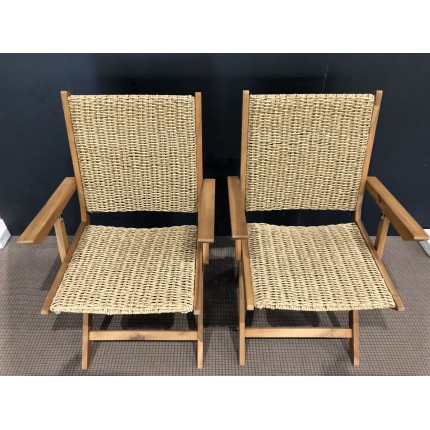 VICK Set of 2 Folding Armchairs - Oiled Acacia & Synthetic Rattan