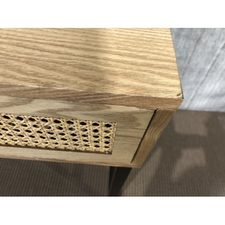 SECONDE MAIN - Console 2 tiroirs cannage naturel pieds métal noir