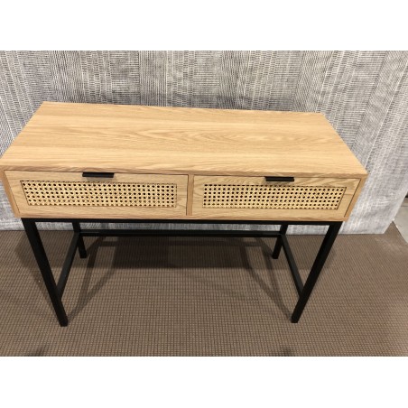 SECONDE MAIN - Console 2 tiroirs cannage naturel pieds métal noir