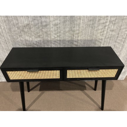 SECONDE MAIN - Console noire bois 2 tiroirs cannage