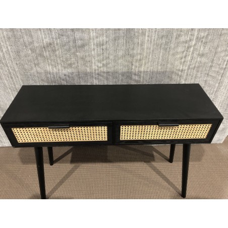 SECONDE MAIN - Console noire bois 2 tiroirs cannage