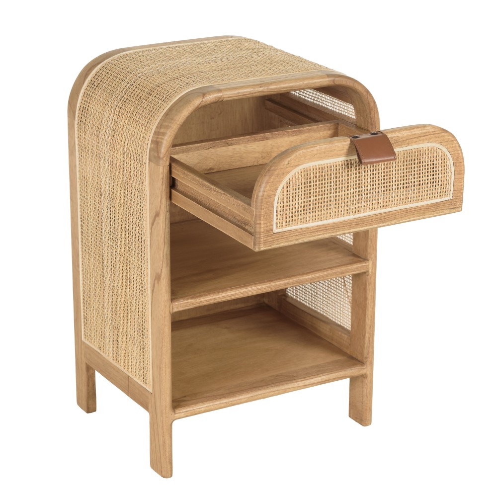 Rounded wooden and rattan bedside table with 1 door | Amy Collection