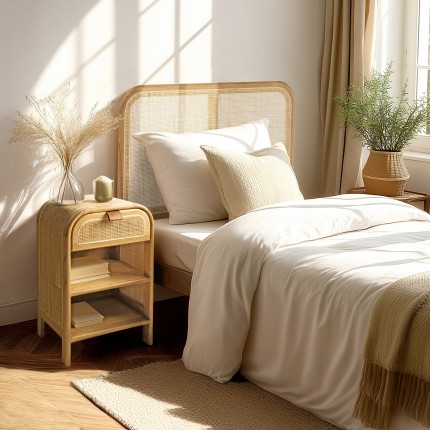 Rounded wooden and rattan bedside table with 1 door | Amy Collection