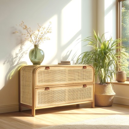 Rounded chest of drawers in wood and natural rattan - 2 drawers | Amy Collection