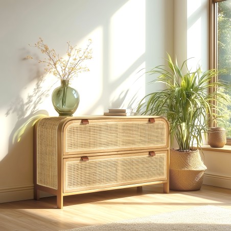 Rounded chest of drawers in wood and natural rattan - 2 drawers | Amy Collection