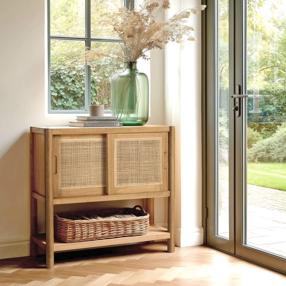 Sideboard with 2 shelves and 2 sliding doors in mindi wood and natural rattan | Amy Collection Sideboard with 2 shelves and 2 sliding doors in mindi wood and natural rattan | Amy Collection