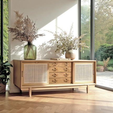 TV cabinet in wood and natural rattan | Macabane Furniture - Amy