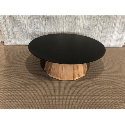 SECOND-HAND - Round coffee table 90x90cm recycled pine wood black top natural base