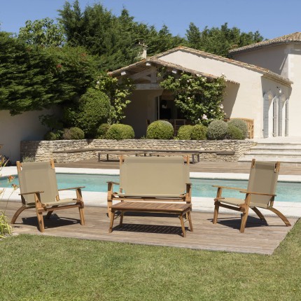 Salon jardin bois acacia 4 pers : canapé, 2 fauteuils et table basse - SECONDE VIE