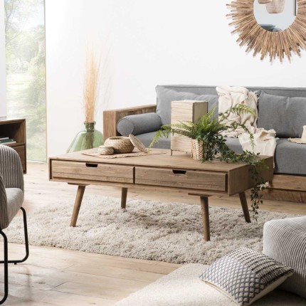 ANDY - Brown Rectangular Scandi Coffee Table with 4 Drawers | Pine Wood