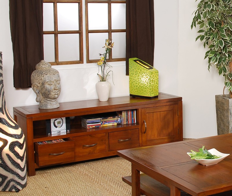 LAUREN Low TV Stand - Brown Mindi Wood - 3 Drawers LAUREN Low TV Stand - Brown Mindi Wood - 3 Drawers