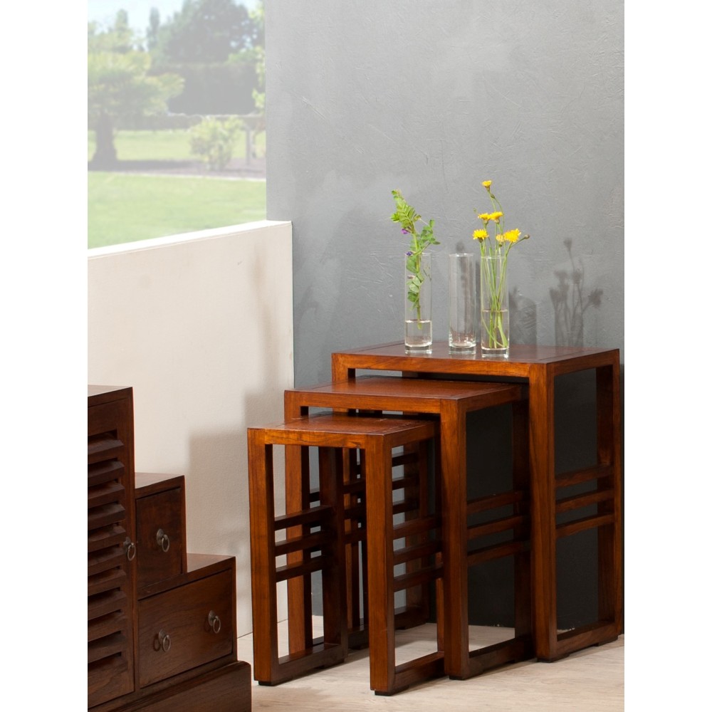 LAUREN Nesting Tables - Set of 3 Rectangular Tables in Brown Mindi Wood LAUREN Nesting Tables - Set of 3 Rectangular Tables in Brown Mindi Wood