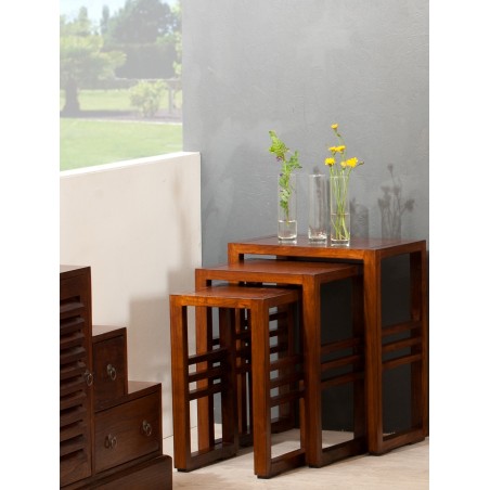 LORINE Nesting Tables - Set of 3 Rectangular Tables in Brown Mindi Wood