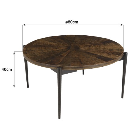 Table basse ronde 80x80cm bois recyclé pieds métal noir | Seconde main
