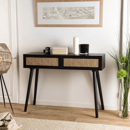 Black wooden console table with 2 drawers and cane detailing | Second-hand