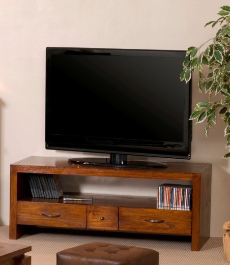 LORINE Brown TV Stand with 2 Large Drawers and 1 Small Drawer