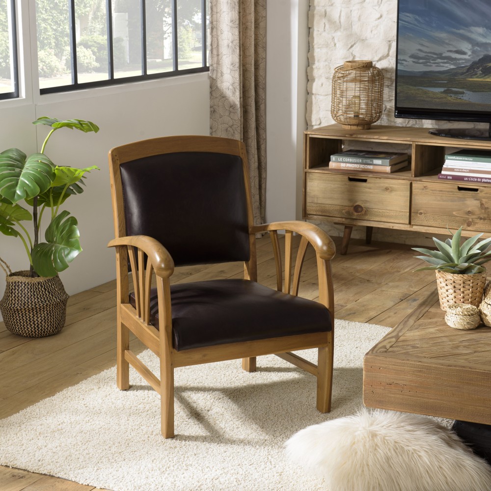 Fauteuil en teck et cuir marron | SECONDE MAIN Fauteuil en teck et cuir marron | SECONDE MAIN