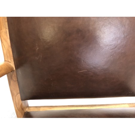 Teak wood and brown leather armchair | SECOND-HAND