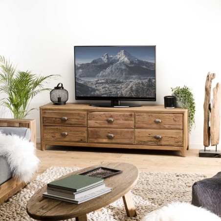 Brown TV cabinet with 6 drawers, recycled pine wood | Second Hand