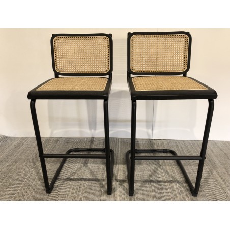 Lot de 2 tabourets de bar H65cm bois noir/cannage naturel | Seconde Main