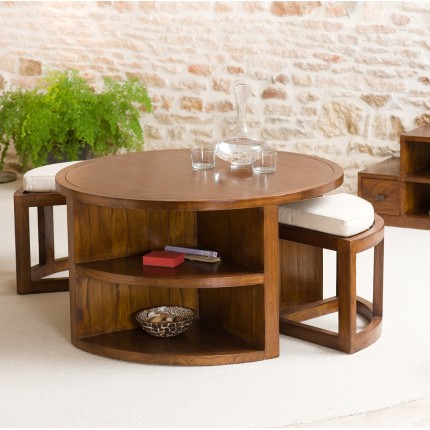 Table basse ronde LORINE - Bois Mindi - 2 tabourets