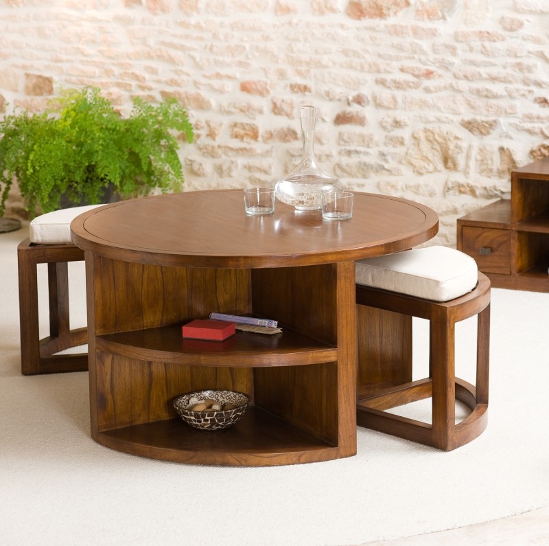 Table basse ronde LAUREN - Bois Mindi - 2 tabourets Table basse ronde LAUREN - Bois Mindi - 2 tabourets