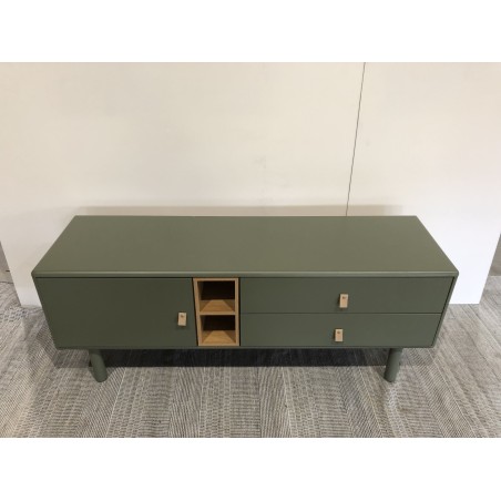 Meuble TV 1 porte, 2 tiroirs et 2 niches en bois vert | Seconde Main