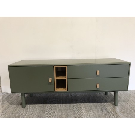 TV cabinet with 1 door, 2 drawers and 2 green wooden compartments | Second Hand
