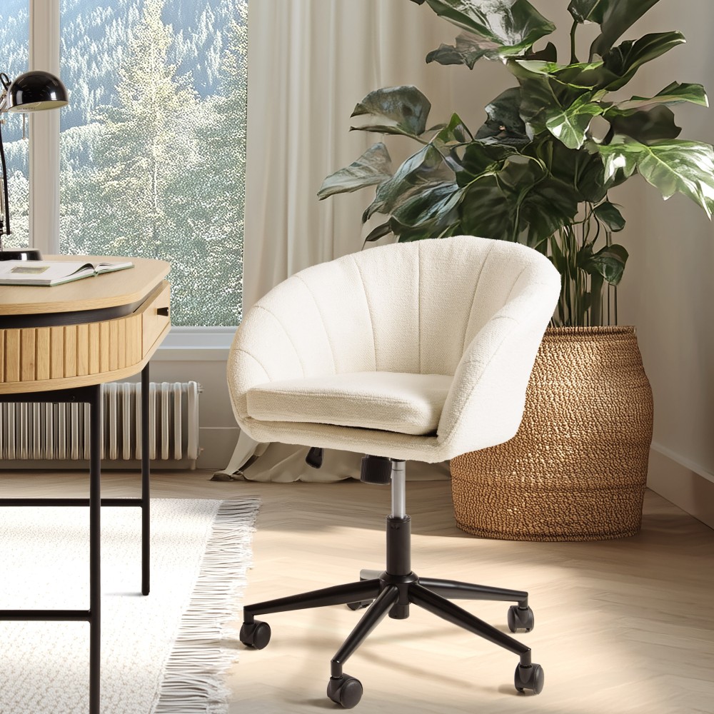 Office chair with castors in ecru fabric with rounded backrest | Mina Collection