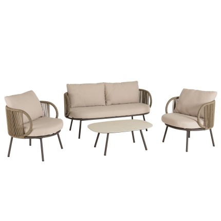 4-seater garden furniture set in steel and taupe synthetic rope | Vick