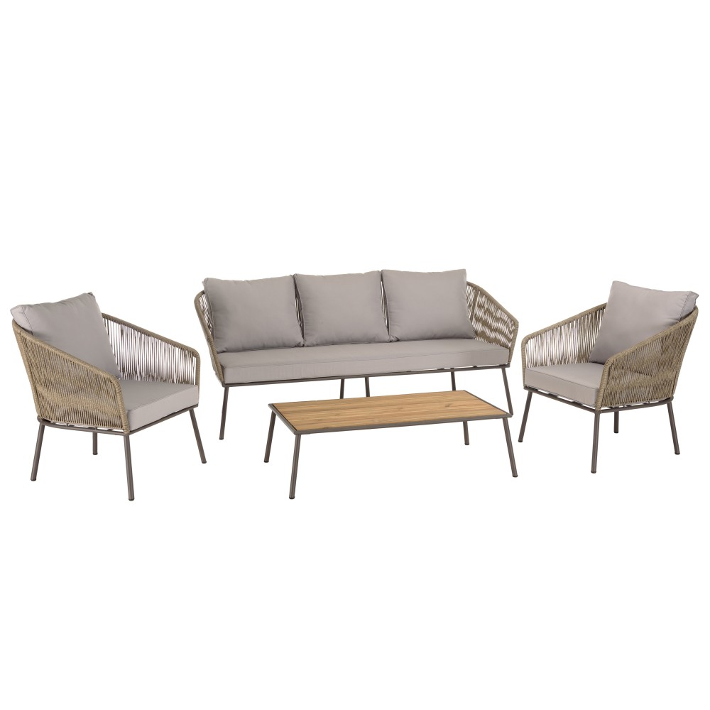 5-seater garden furniture set in steel, taupe synthetic rope, oiled acacia | Vick