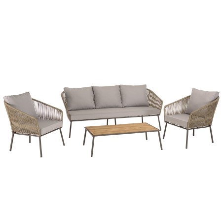5-seater garden furniture set in steel, taupe synthetic rope, oiled acacia | Vick