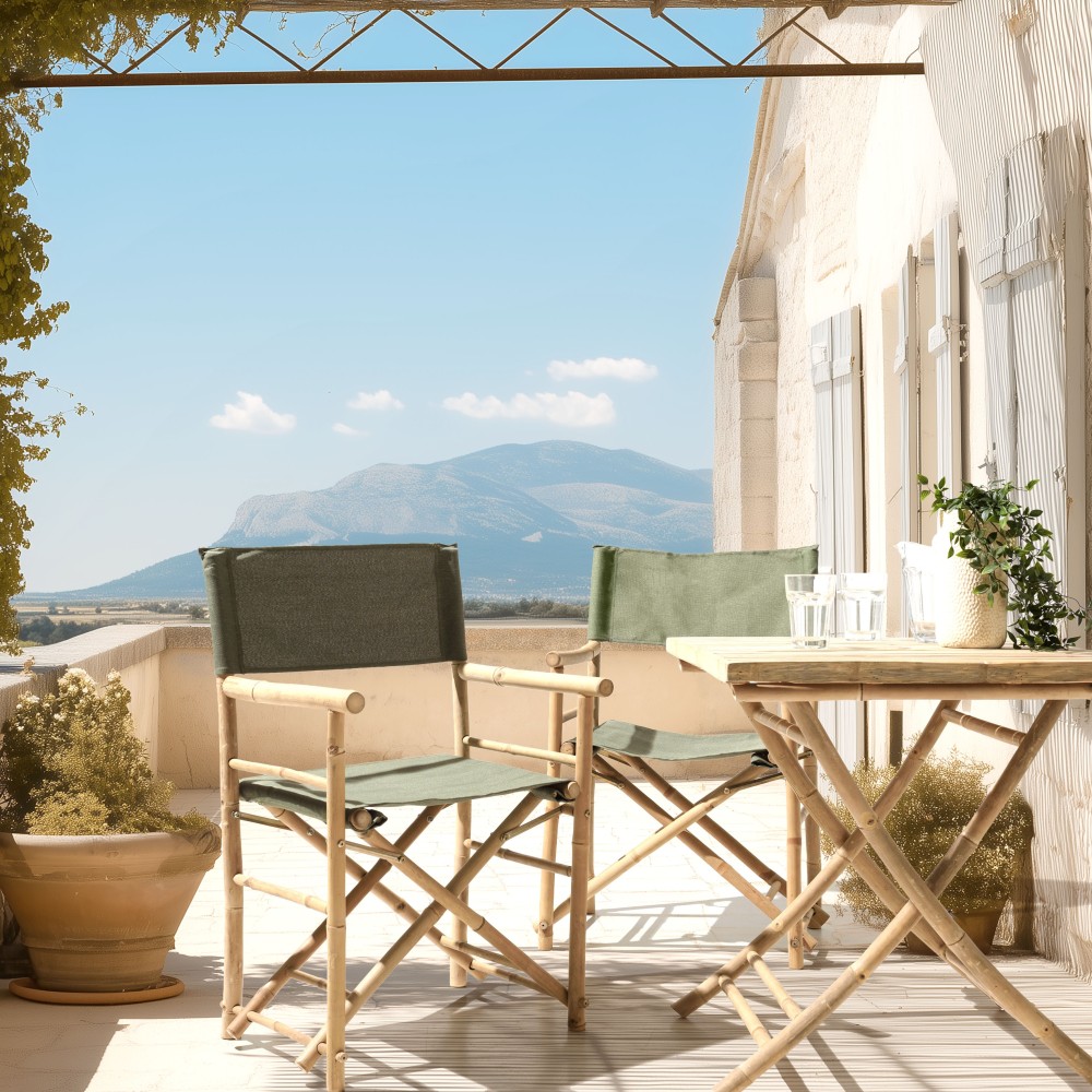 Set de 2 fauteuils pliants bambou et tissu vert  | Meubles Macabane