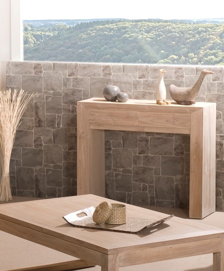 INES - Modern Console 2 Drawers Teak Wood Whitewashed