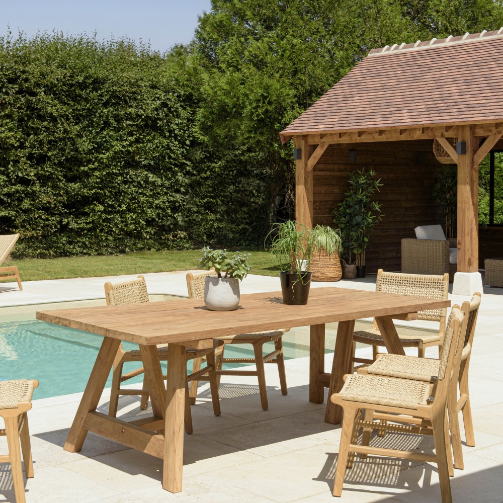 Table à manger jardin 220cm bois teck recyclé pieds tréteaux | SECONDE VIE
