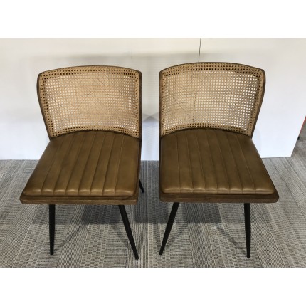 Set of 2 mango wood chairs with padded leather seat and rattan backrest | Second Life